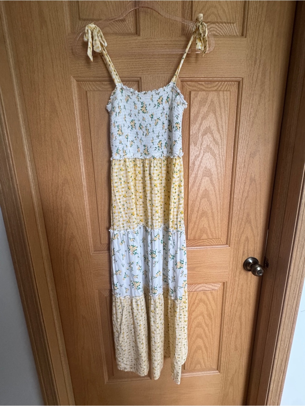 BeBop Yellow and White Patchwork Tiered Maxi Dress with Tie Straps